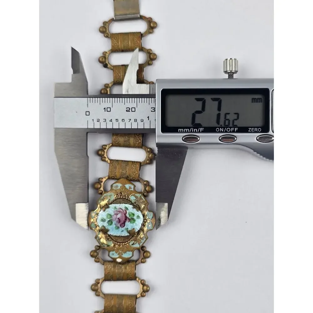 Edwardian vintage powder blue enamel floral metal link costume bracelet 7